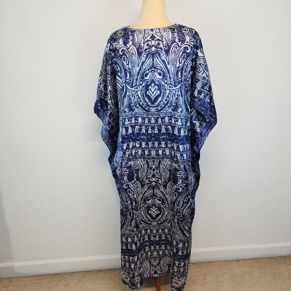 Vintage Winlar Satin Kaftan Moo Moo Mumu Porch Dress Blue Geometric One Size - Picture 3 of 9